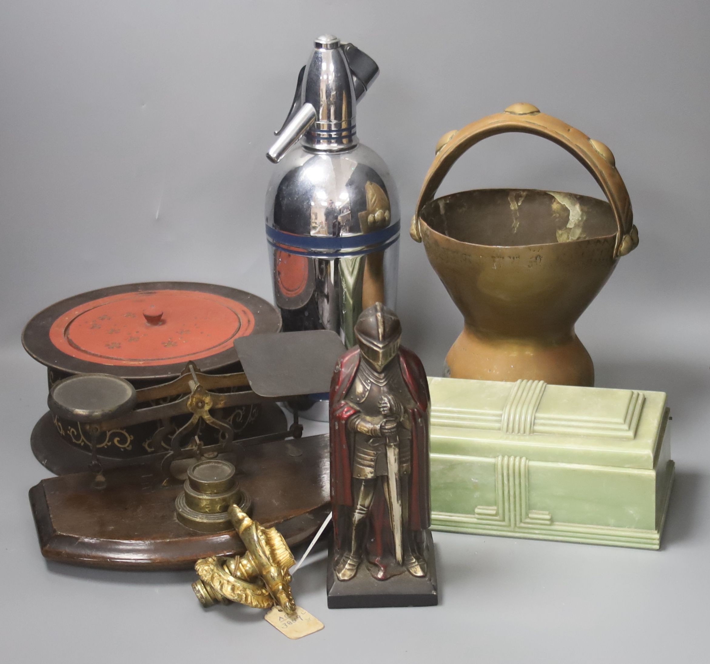 A set of letter scales and weights, a painted metal 'Medieval Knight' table lighter and sundry items
